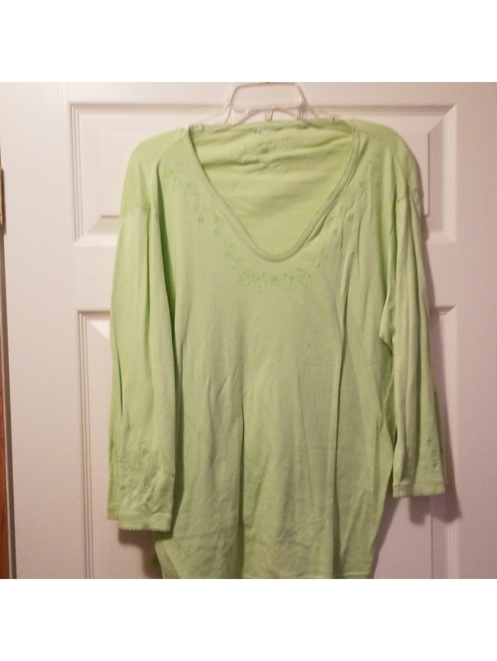 Green Women's Blouse with Embroidered Neckline and Sleeves, Size Unknown